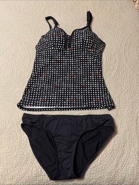 Lole Black Polka Dot Tankini with Black Bottoms Coral Accents